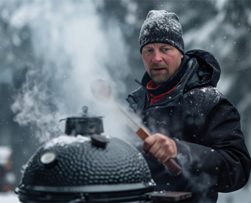 Mand griller om vinteren