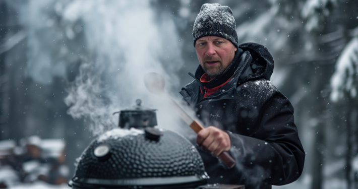 Mand griller om vinteren