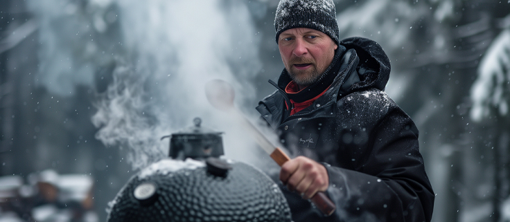 Mand griller om vinteren